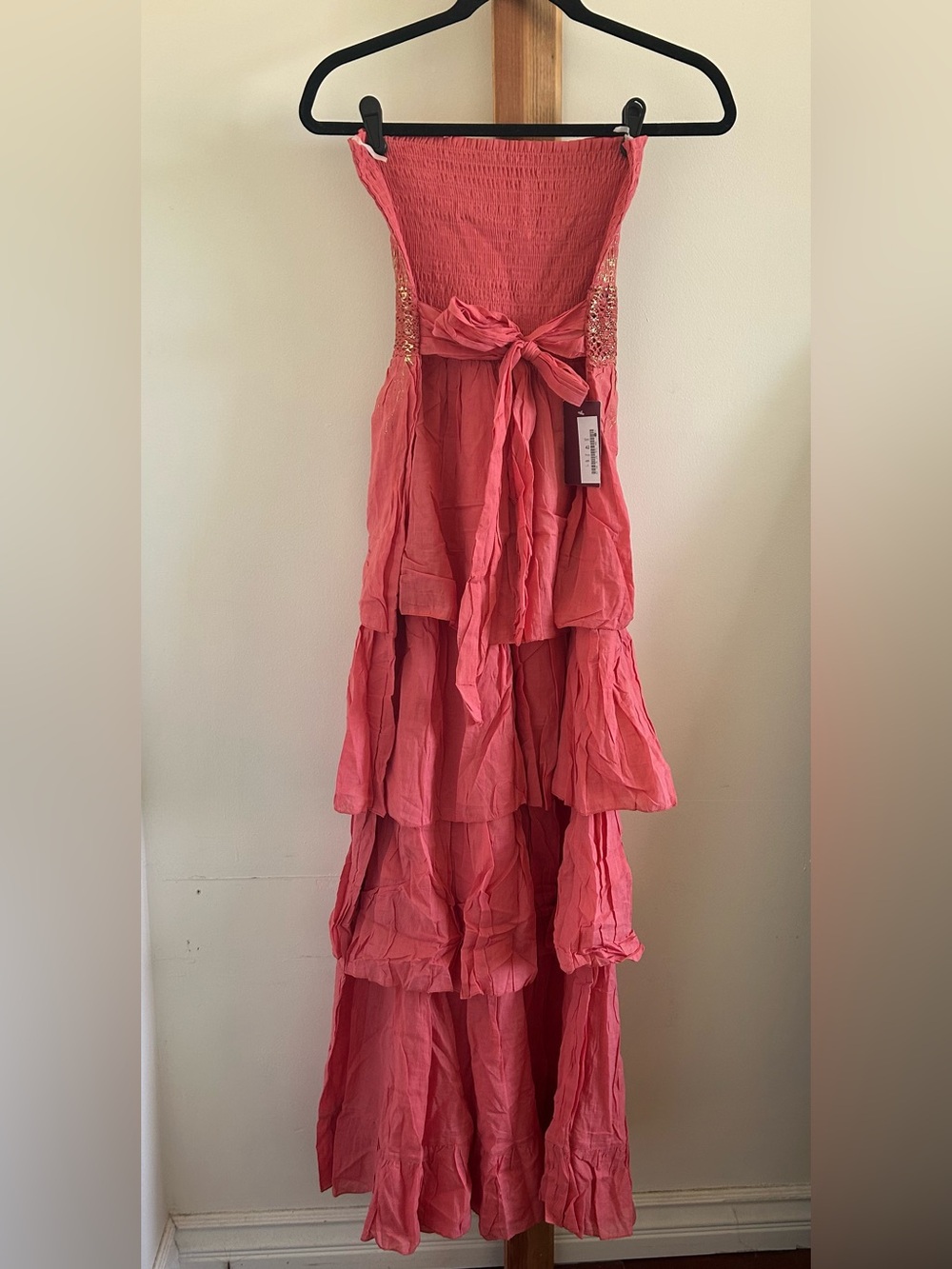 Strapless Tiered Maxi Dress in Coral with Metallic Smocked Waist - Picture 3 of 3